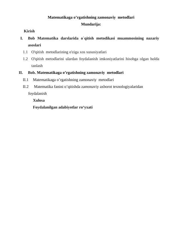 Matematikaga o’rgatishning zamonaviy metodlari