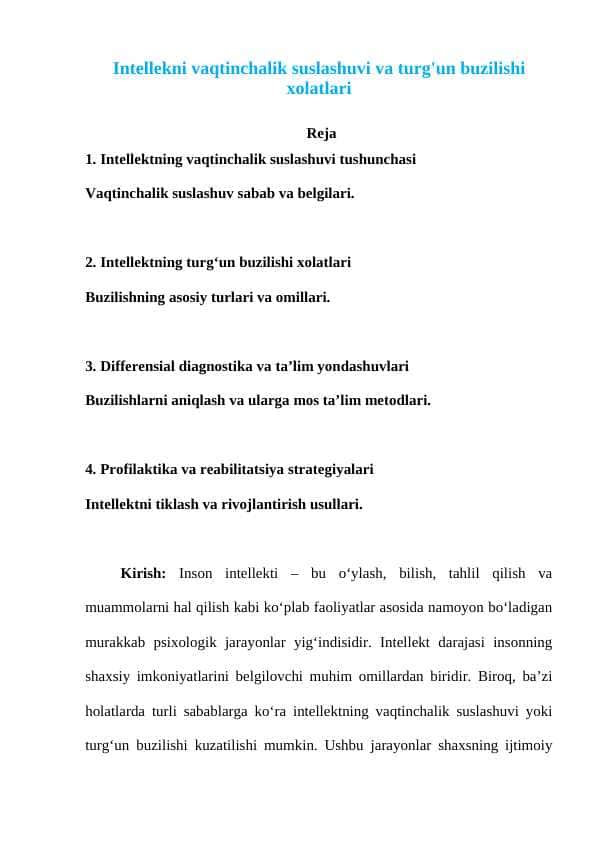 Intellekni vaqtinchalik suslashuvi va turg'un buzilishi xolatlari