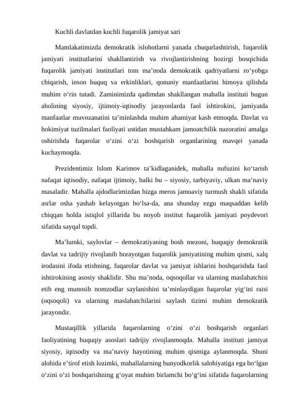 Kuchli davlatdan kuchli fuqarolik jamiyat sari