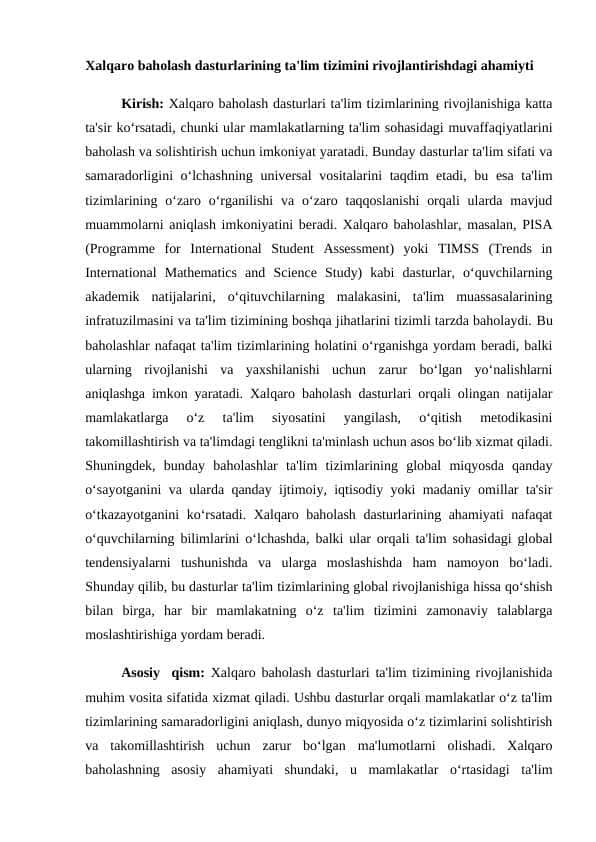 Xalqaro baholash dasturlarining ta'lim tizimini rivojlantirishdagi ahamiyti