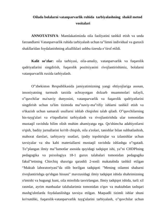 Oilada bolalarni vatanparvarlik ruhida tarbiyalashning shakil metod vositalari