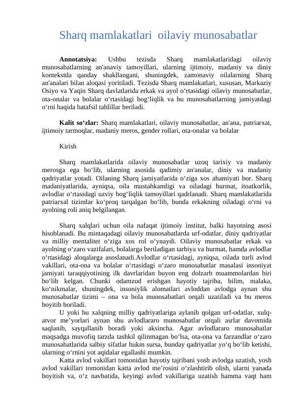 Sharq mamlakatlari oilaviy munosabatlar