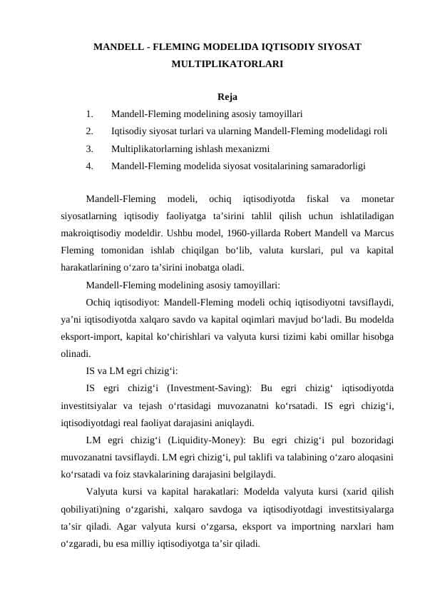 MANDELL - FLEMING MODELIDA IQTISODIY SIYOSAT MULTIPLIKATORLARI
