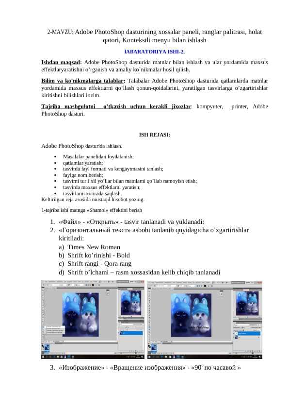 Adobe PhotoShop dasturining xossalar paneli, ranglar palitrasi, holat qatori, Kontekstli menyu bilan ishlash