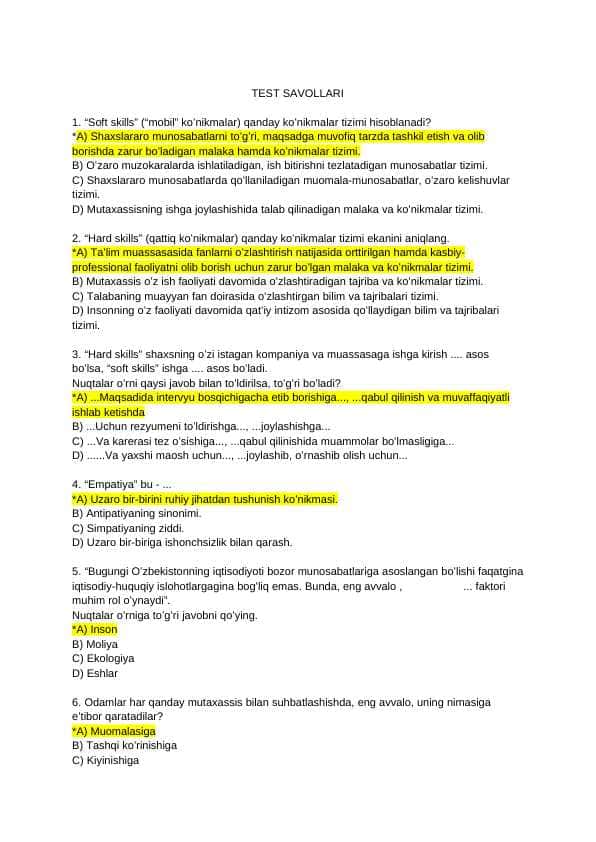 Huquqiy ko'nikmalar va metadologiya fanidan yakuniy nazorat ishi test javoblari
