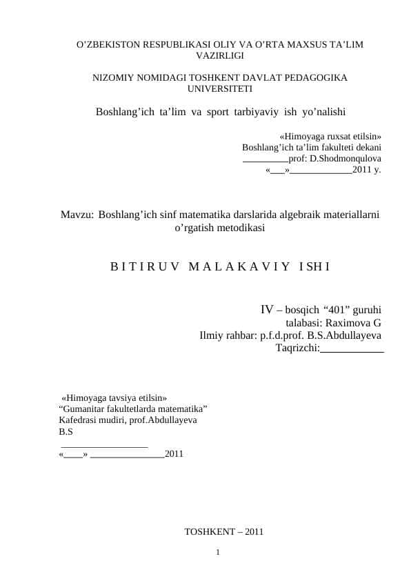 Boshlang’ich sinf matematika darslarida algebraik materiallarni o’rgatish metodikasi