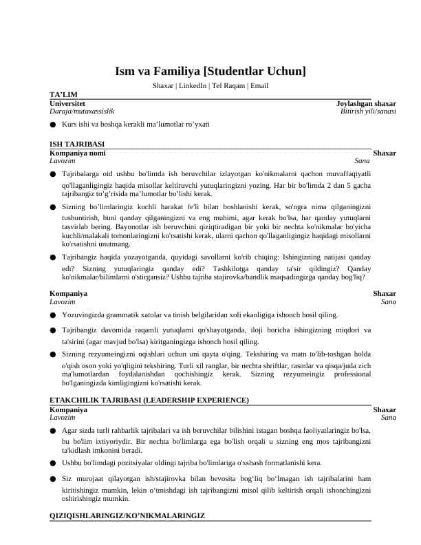 Resume uchun shablon