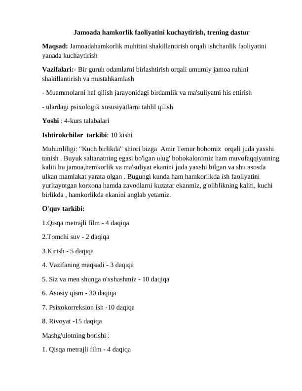 Jamoada hamkorlik faoliyatini kuchaytirish, trening dastur