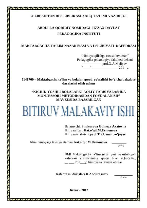 KICHIK YOSHLI BOLALARNI AQLIY TARBIYALASHDA MONTESSORI METODIKASIDAN FOYDALANISH