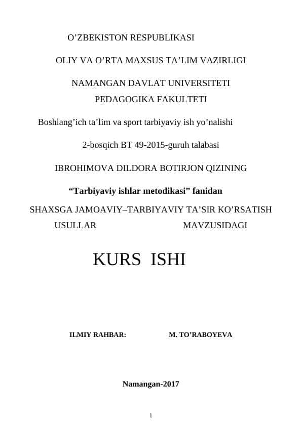 SHAXSGA JAMOAVIY–TARBIYAVIY TA’SIR KO’RSATISH USULLAR