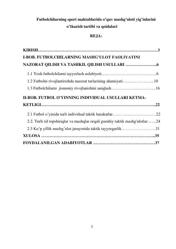 Futbolchilarning sport maktablarida o’quv mashg’uloti yig’inlarini o’tkazish tartibi va qoidalari