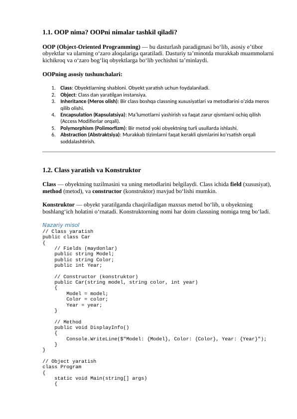 C# OOP 1-dars