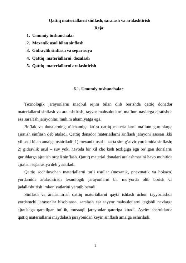 Qattiq materiallarni sinflash, saralash va aralashtirish
