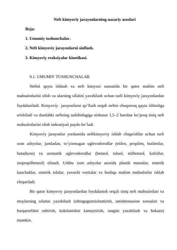 Neft kimyoviy jarayonlarning nazariy asoslari