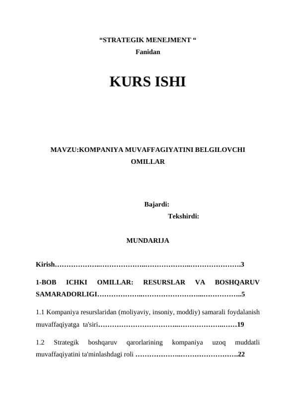 KOMPANIYA MUVAFFAGIYATINI BELGILOVCHI OMILLAR