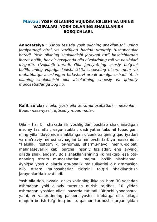 VAZIFALARI. YOSH OILANING SHAKLLANISH BOSQICHLARI. TEZIS