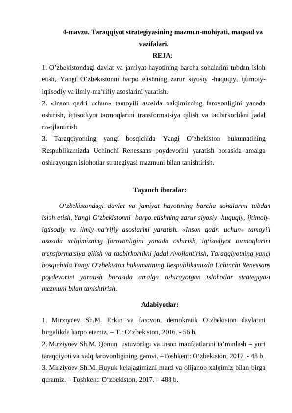 Taraqqiyot stratеgiyasining mazmun-mohiyati, maqsad va vazifalari