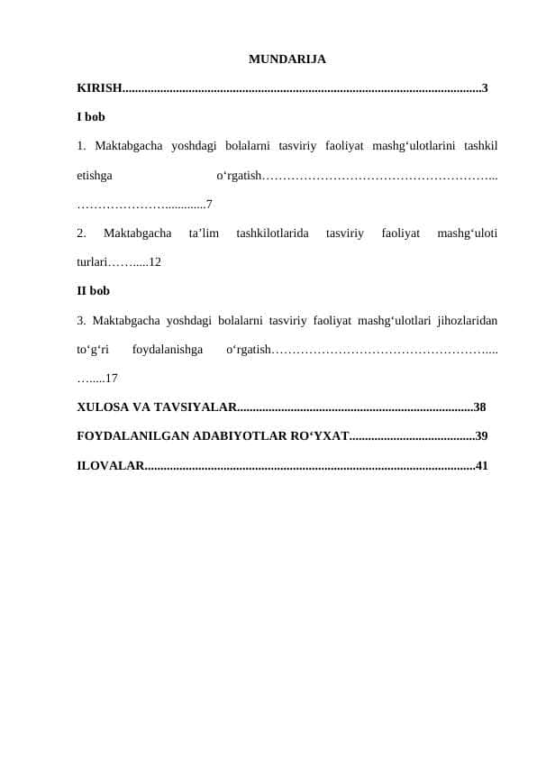 MAKTABGACHA TA’LIM TASHKILOTIDA TASVIRIY FAOLIYAT MASHG’ULOTLARI