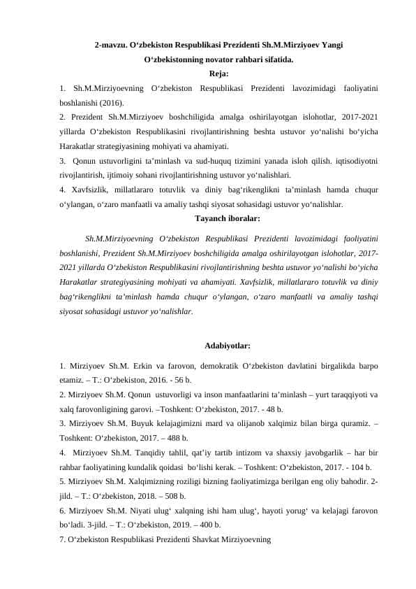 O‘zbеkiston Rеspublikasi Prеzidеnti Sh.M.Mirziyoеv Yangi O‘zbеkistonning novator rahbari sifatida