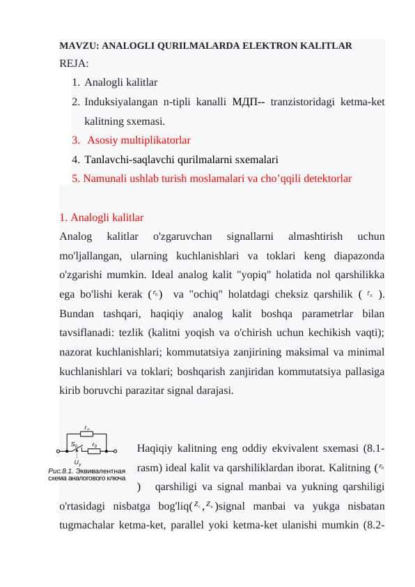 ANALOGLI QURILMALARDA ELEKTRON KALITLAR