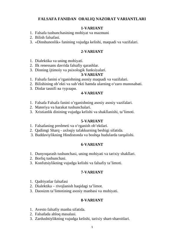 FALSAFA FANIDAN ORALIQ NAZORAT VARIANTLARI