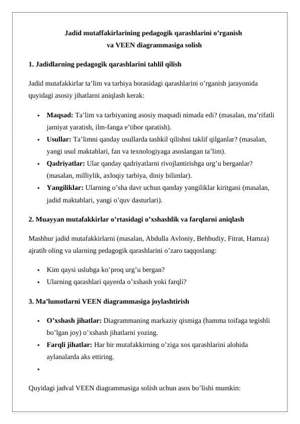 Jadid mutaffakirlarining pedagogik qarashlarini o’rganish va venn diagrammasiga solish