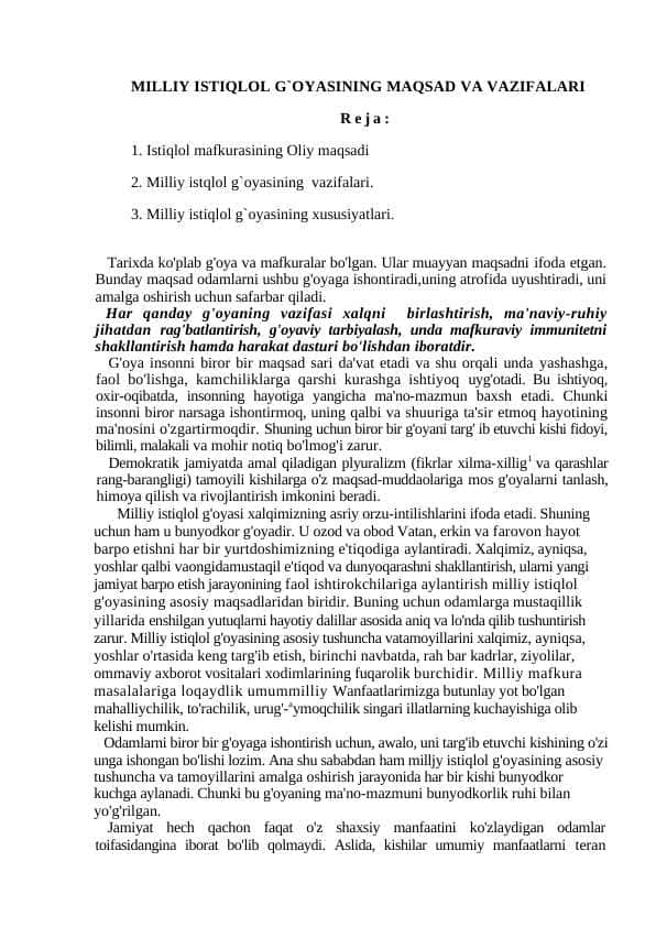 MILLIY ISTIQLOL G`OYASINING MAQSAD VA VAZIFALARI