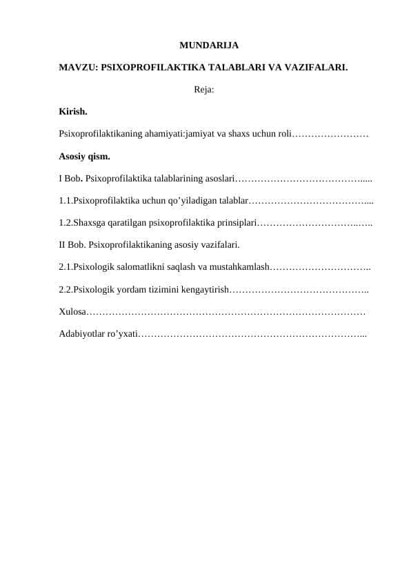 PSIXOPROFILAKTIKA TALABLARI VA VAZIFALARI