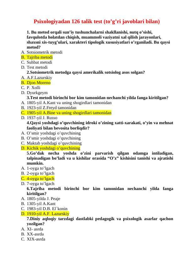 Psixologiyadan 126 talik test (to’g’ri javoblari bilan)