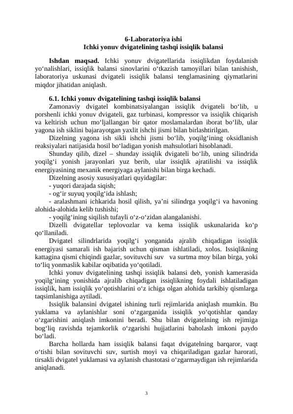 Ichki yonuv dvigatelining tashqi issiqlik balansi