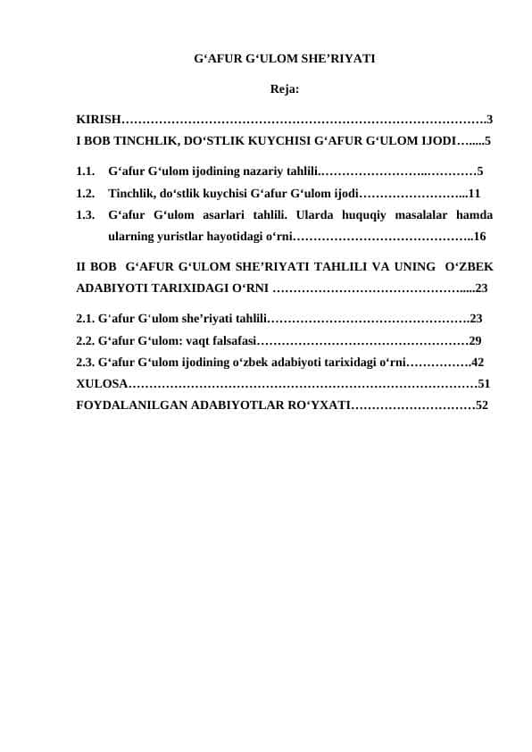 GʻAFUR GʻULOM SHE'RIYATI. KURS ISHI