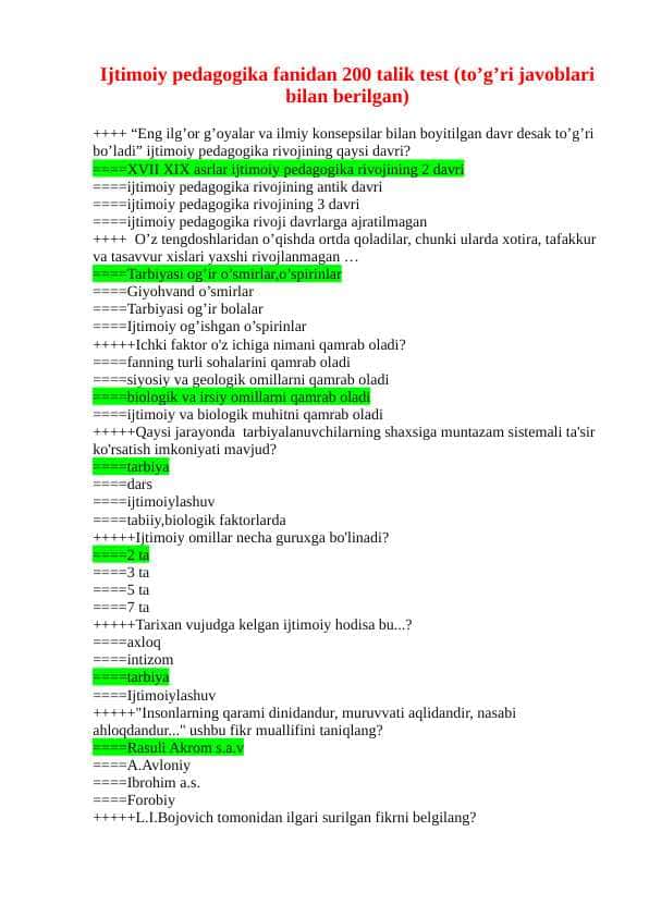 Ijtimoiy pedagogika fanidan 200 talik test (to’g’ri javoblari bilan berilgan)