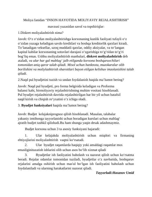 Moliya fanidan “INSON HAYOTIDA MOLIYAVIY REJALASHTIRISH” mavzusi yuzasidan savol va topshiriqlar:
