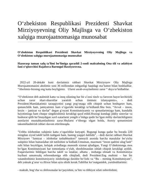 O'ZBEKISTON RESPUBLIKASI PREZIEDENTINING MUROJAATNOMASI TAHLILI 2023 YIL