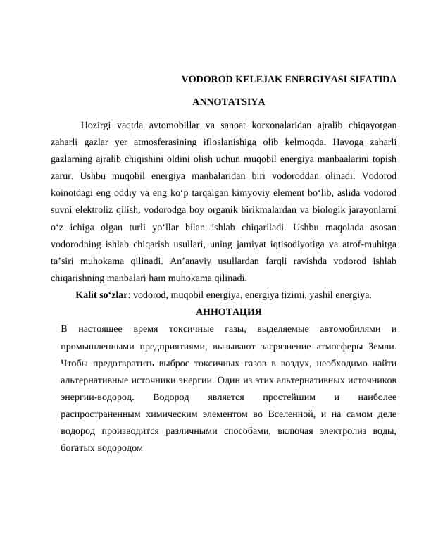 vodorod kelajak energiyasi sifatida