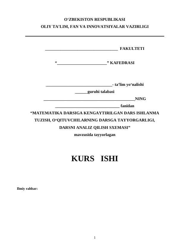 MATEMATIKA DARSIGA KENGAYTIRILGAN DARS ISHLANMA TUZISH, O‘QITUVCHILARNING DARSGA TAYYORGARLIGI, DARSNI ANALIZ QILISH SXEMASI.