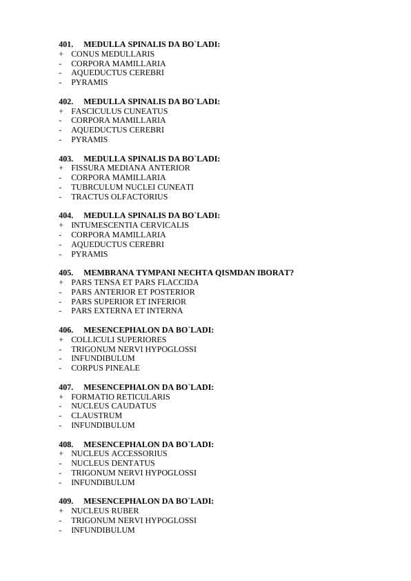 Davolash anatomiya 2-kurslar uchun test javoblari bilan 401-600