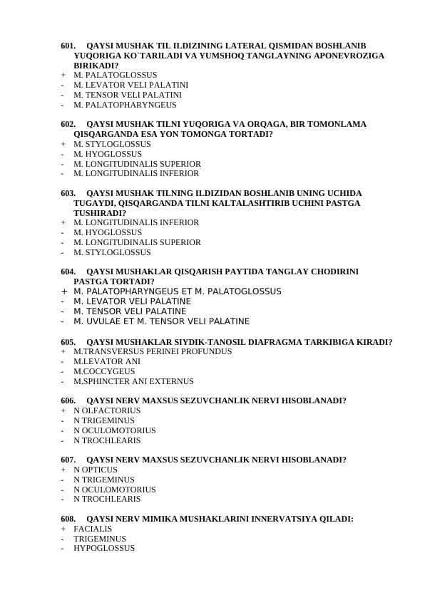 Davolash anatomiya 2-kurslar uchun test javoblari bilan 601-846