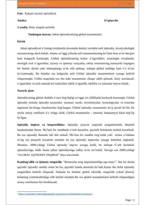 Jahon iqtisodiyotining global muammolari