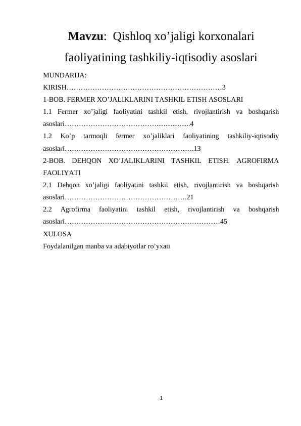 Qishloq xo’jaligi korxonalari faoliyatining tashkiliy-iqtisodiy asoslari