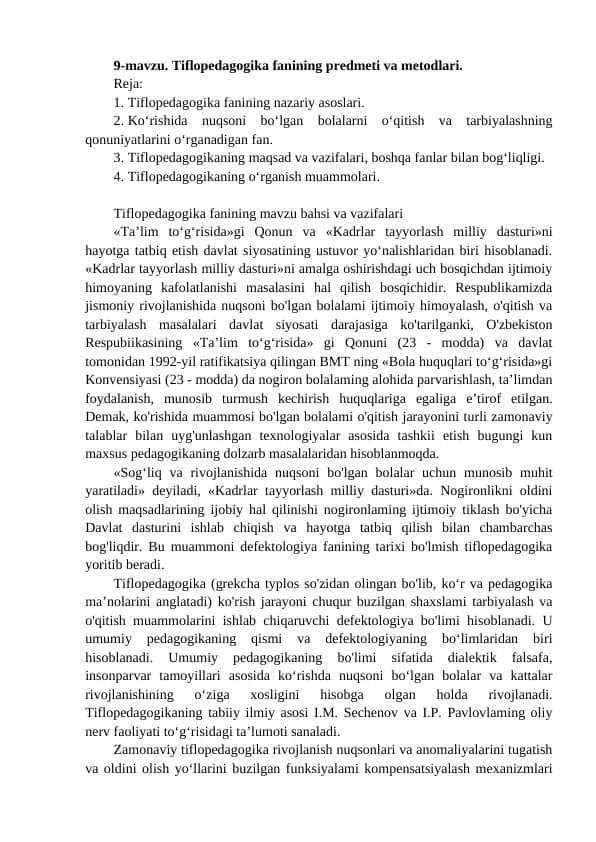 Tiflopedagogika fanining predmeti va metodlari.