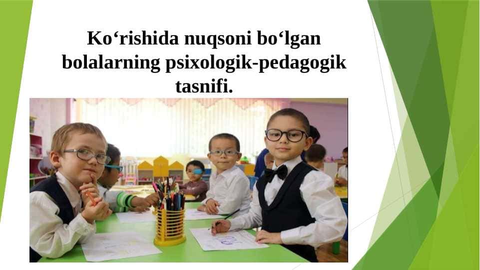 Ko‘rishida nuqsoni bo‘lgan bolalarning psixologik-pedagogik tasnifi.