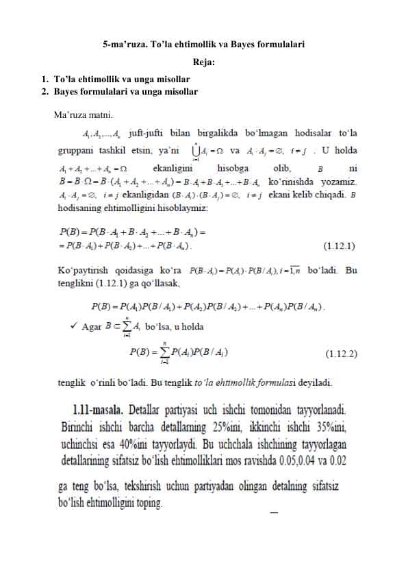To’la ehtimollik va Bayes formulalari