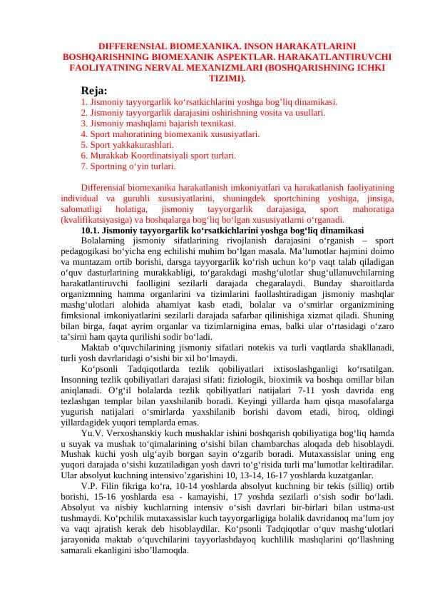 DIFFERENSIAL BIOMEXANIKA. INSON HARAKATLARINI BOSHQARISHNING BIOMEXANIK ASPEKTLAR. HARAKATLANTIRUVCHI FAOLIYATNING NERVAL MEXANIZMLARI (BOSHQARISHNING ICHKI TIZIMI).