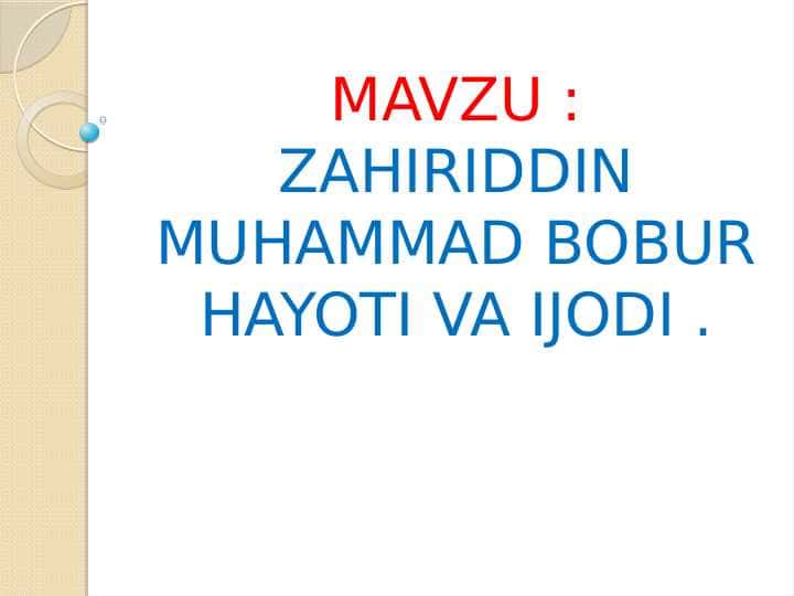 Zahiriddin Muhammad Bobur hayoti va ijodi