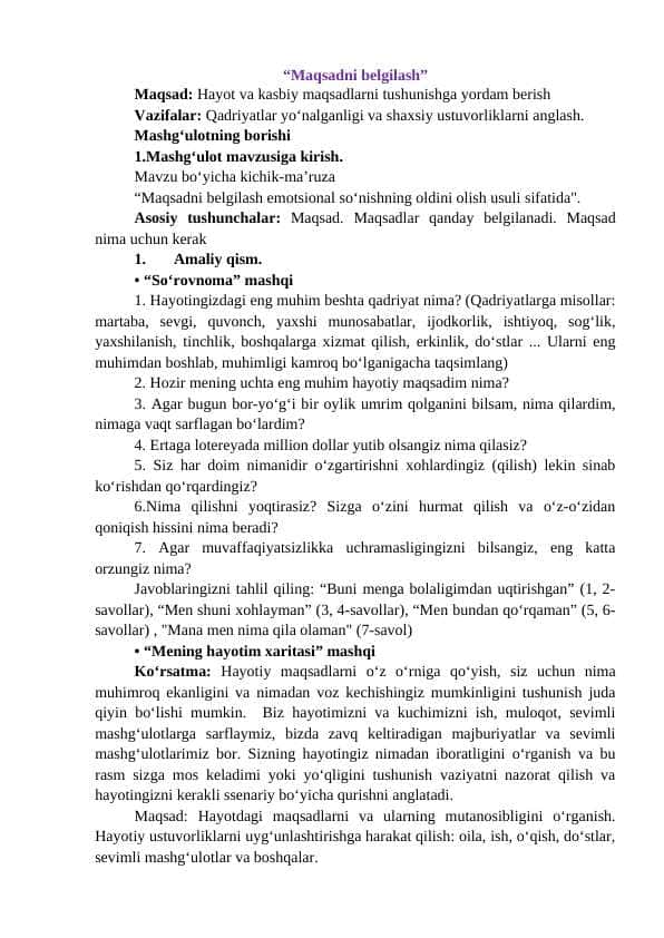 "Maqsadni belgilash" Trening ishlanma