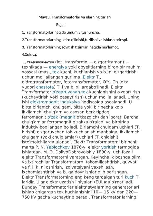 Transformatorlar va ularning turlari