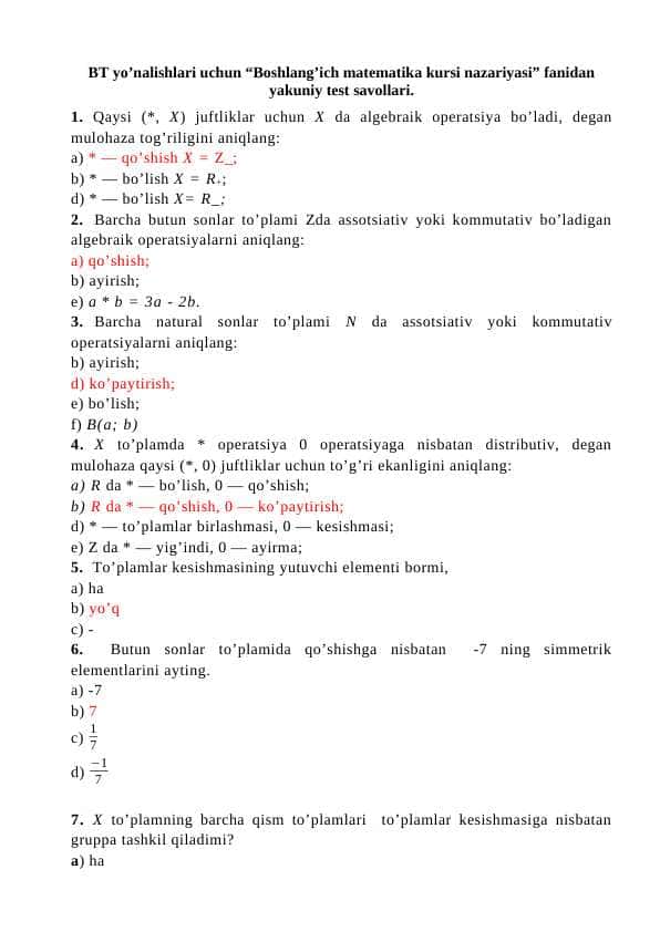 Boshlang’ich matematika kursi nazariyasi test javoblari bilan