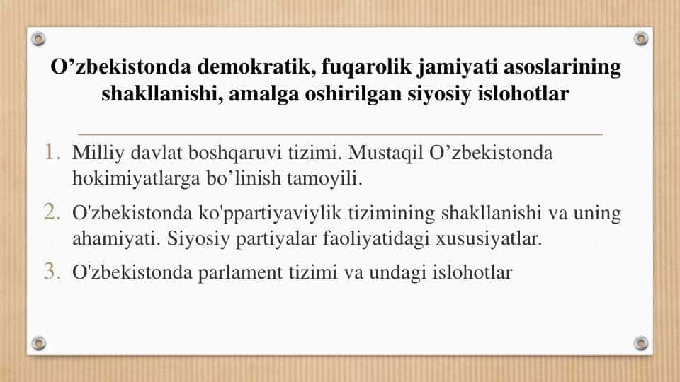 O’zbekistonda demokratik, fuqarolik jamiyati asoslarining shakllanishi, amalga oshirilgan siyosiy islohotlar