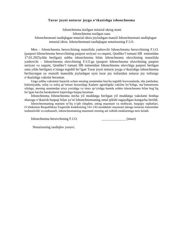 Turar joyni noturar joyga oÔÇÿtkazishga ishonchnoma